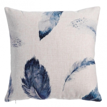 Cream and blue feather patterned cushion